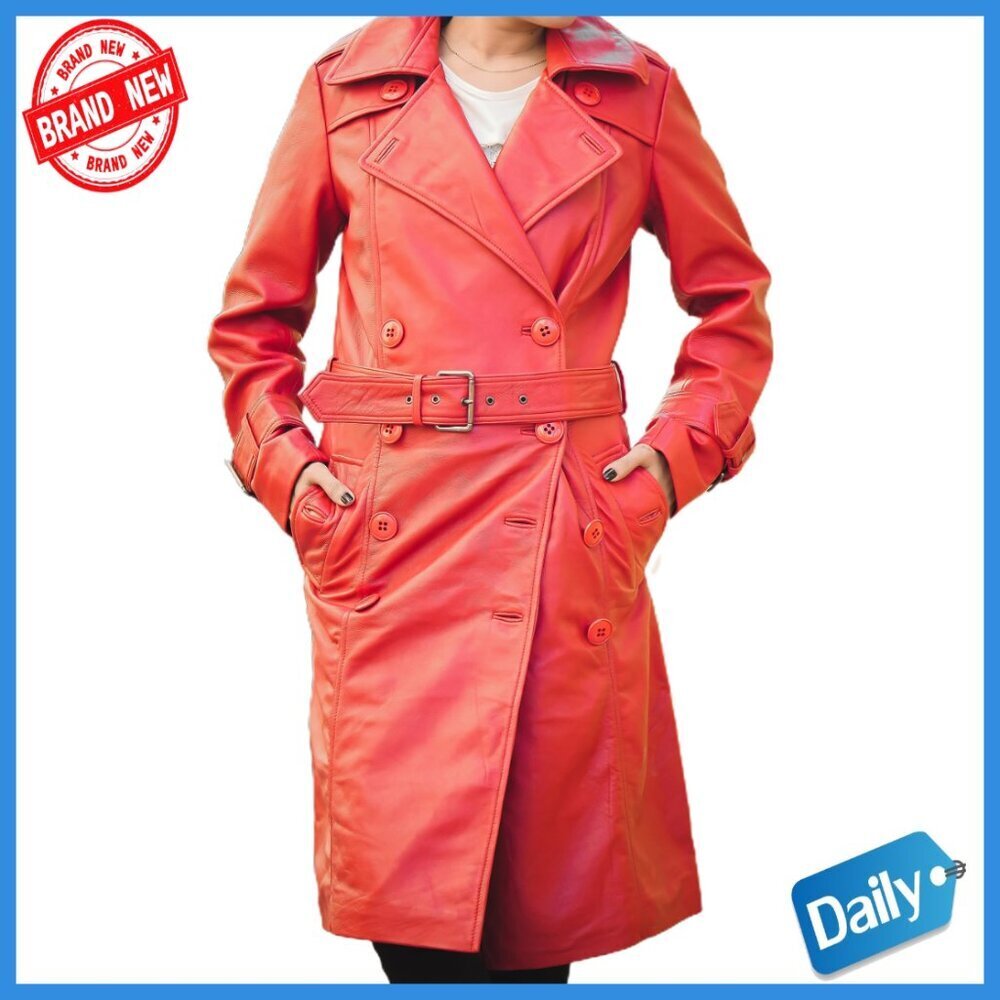 Premium Leather Trench Coat with Belt, Double Breasted Lapel Style